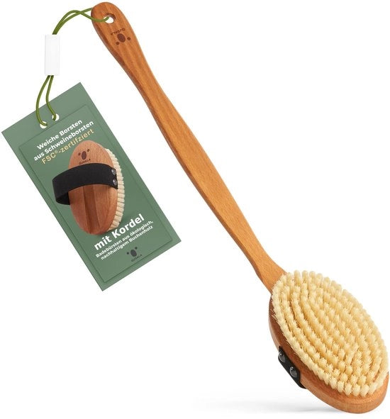 Borsetto di alta qualità per la pelle/borsetto del corpo - Certificato FSC, setole morbide di maiale & corda - Borsetto per la schiena con lunghe setole per massaggi della schiena e del corpo completo, a secco e umido - 100% Made in Germany