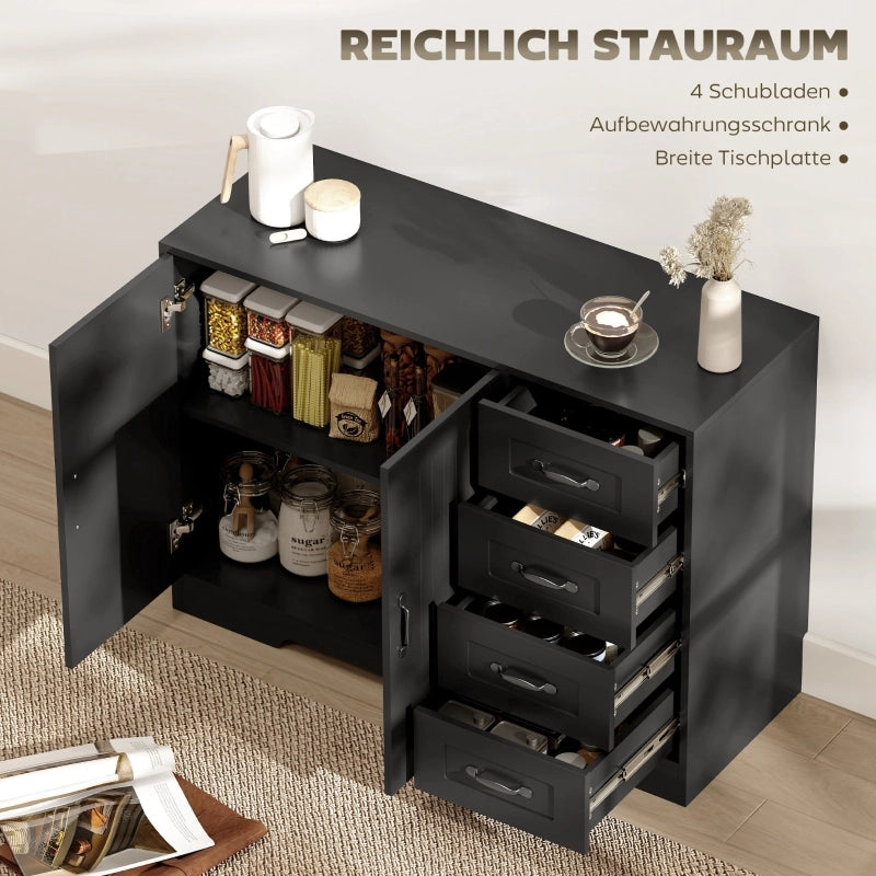 Sideboard moderno nero, 105 x 40 x 76 cm, con 4 cassetti e 1 anta