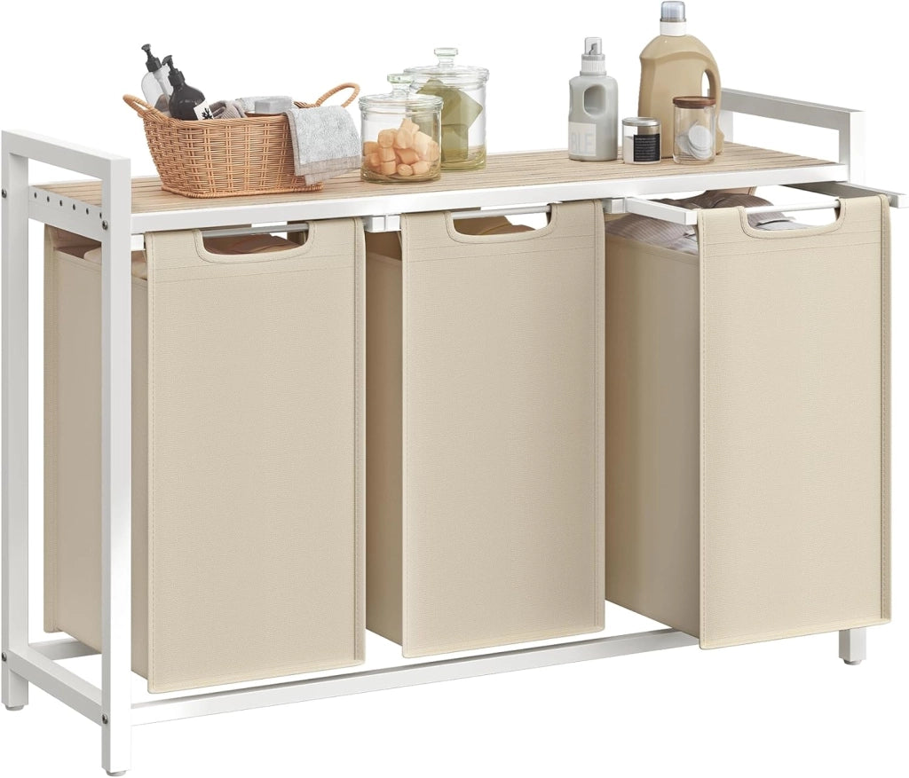 VASAGLE Cesto Portabiancheria, Porta Biancheria, 3 Sacchi in Tessuto Rimovibili, Piano d’Appoggio, Metallo, 3 x 40 L, 92,5 x 33 x 72 cm, Beige Cappuccino e Beige Naturale BLH301LH01