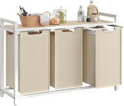VASAGLE Cesto Portabiancheria, Porta Biancheria, 3 Sacchi in Tessuto Rimovibili, Piano d’Appoggio, Metallo, 3 x 40 L, 92,5 x 33 x 72 cm, Beige Cappuccino e Beige Naturale BLH301LH01