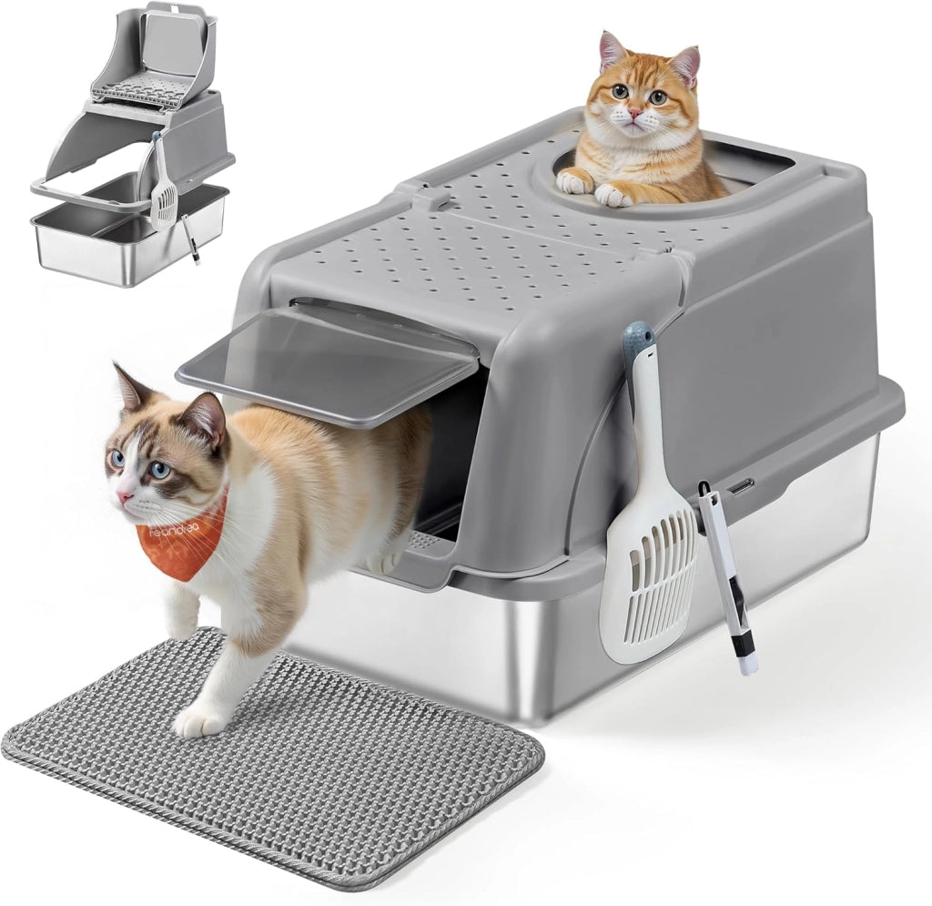 Feandrea Lettiera per Gatti in Acciaio Inossidabile con Coperchio Ribaltabile, Lettiera Chiusa XL Anti Perdite, Paletta, Spazzola, Doppio Ingresso, per Gatti fino a 15 kg, Grigio Tortora PPT005G01