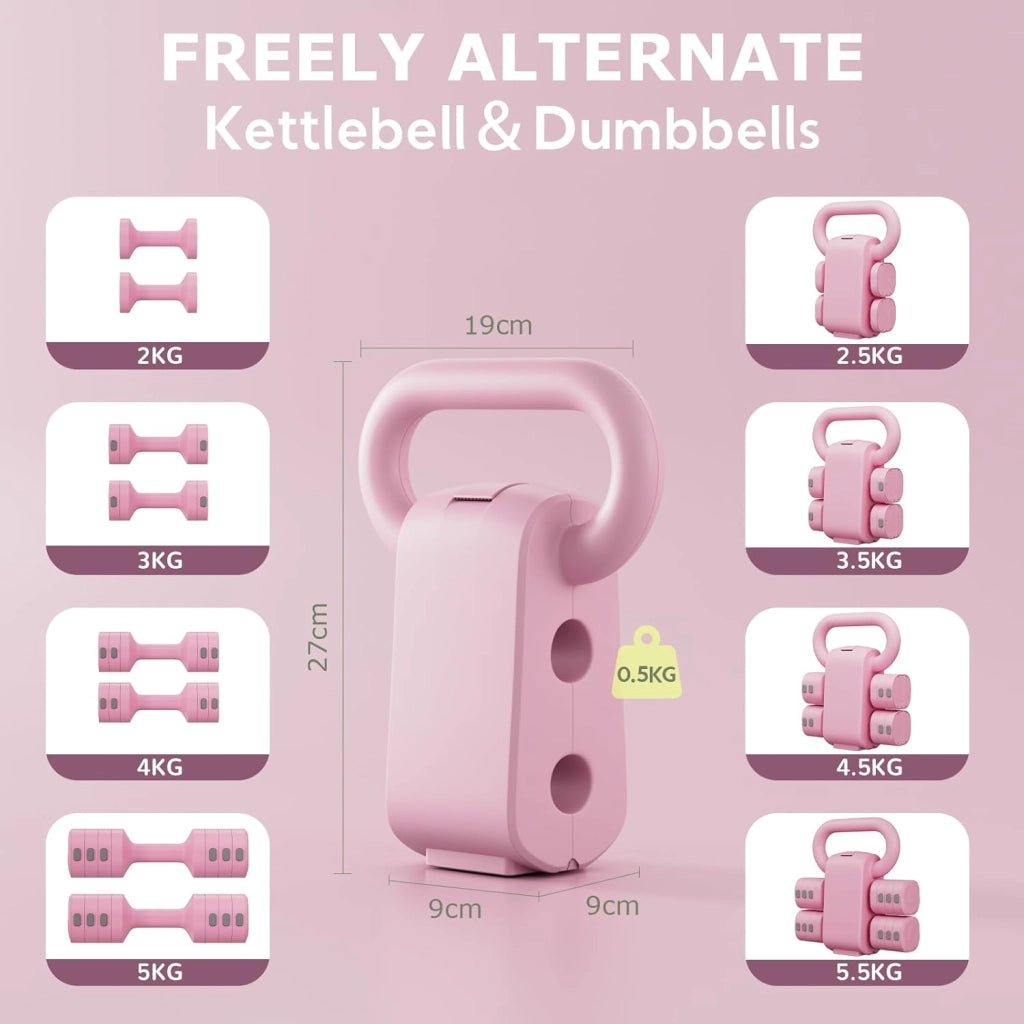 Set di 2 manubri regolabili 2 in 1, per donne e uomini, 4 livelli di peso con adattatore kettlebell, set di manubri per casa (Rosa)