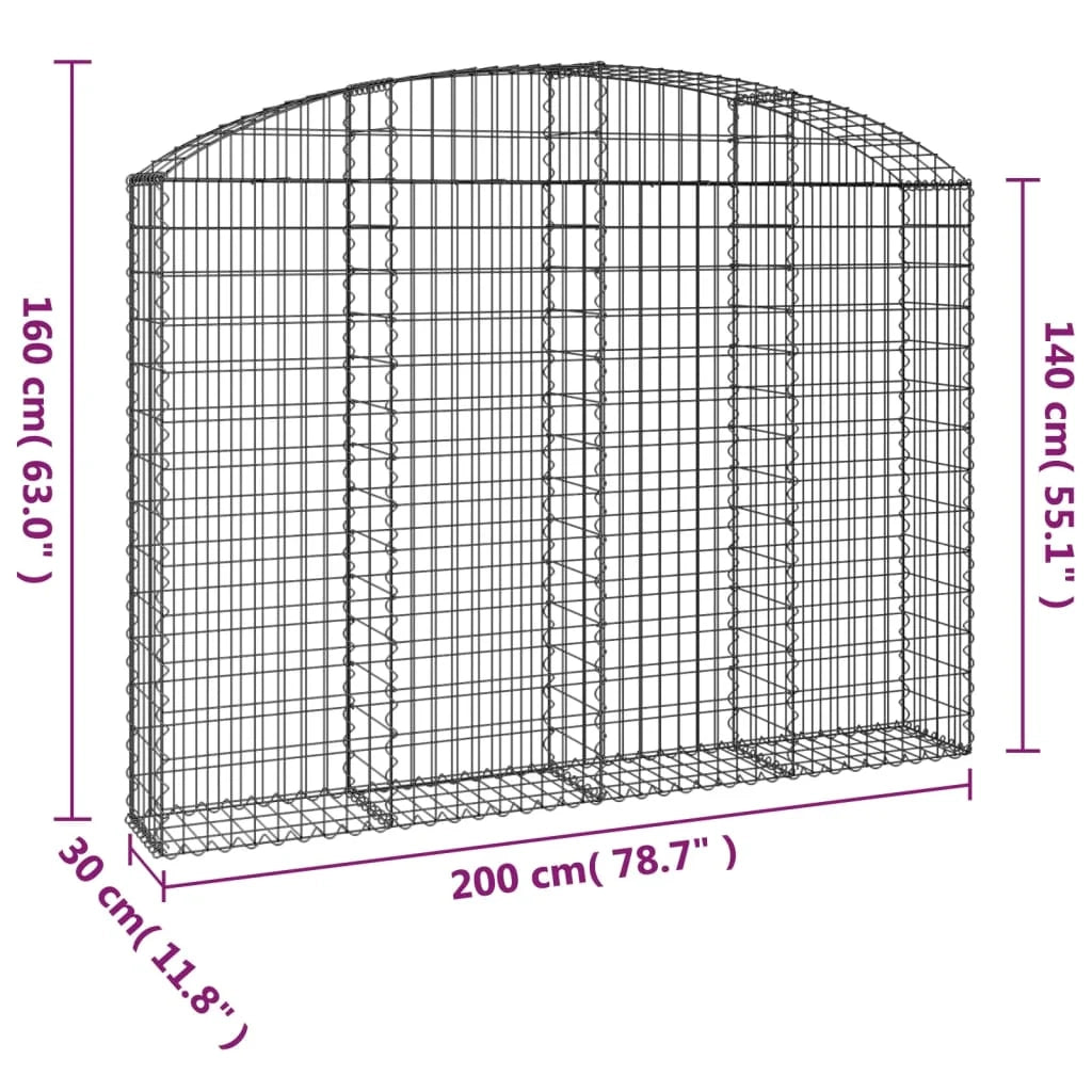 Cesto gabbione recinzione a gabbia muro di contenimento ad arco 200 x 30 x 140/160 cm ferro zincato argento 02_0039997
