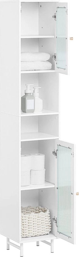 Cassa da Bagno - Alta - Porta in Vetro - Scomparti Regolabili - Sostenibile - Bianco - MDF