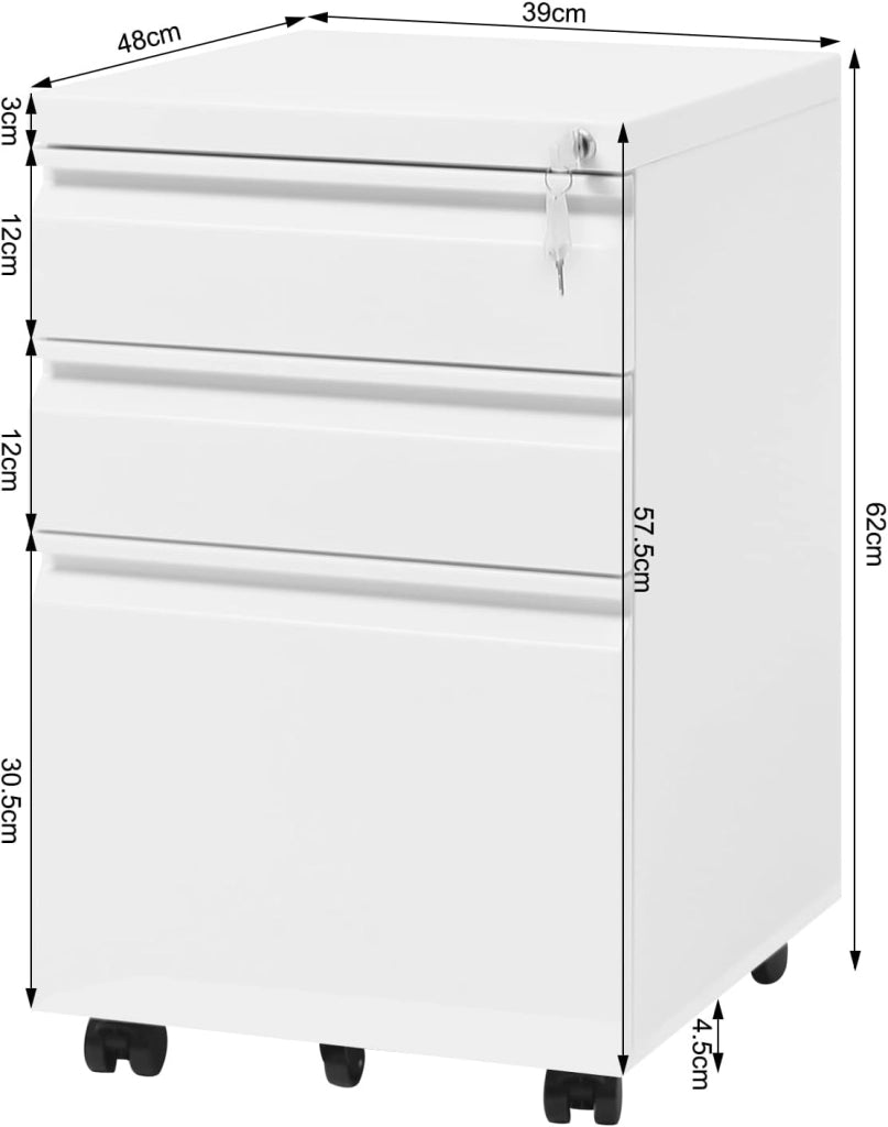 Cassettiera da Ufficio a 3 Cassetti, Schedario con Serratura e Chiave, Mobile con Ruote per Documenti di Diverse Dimensioni, in Metallo, Bianco, 39x46x62cm, ASK03ws