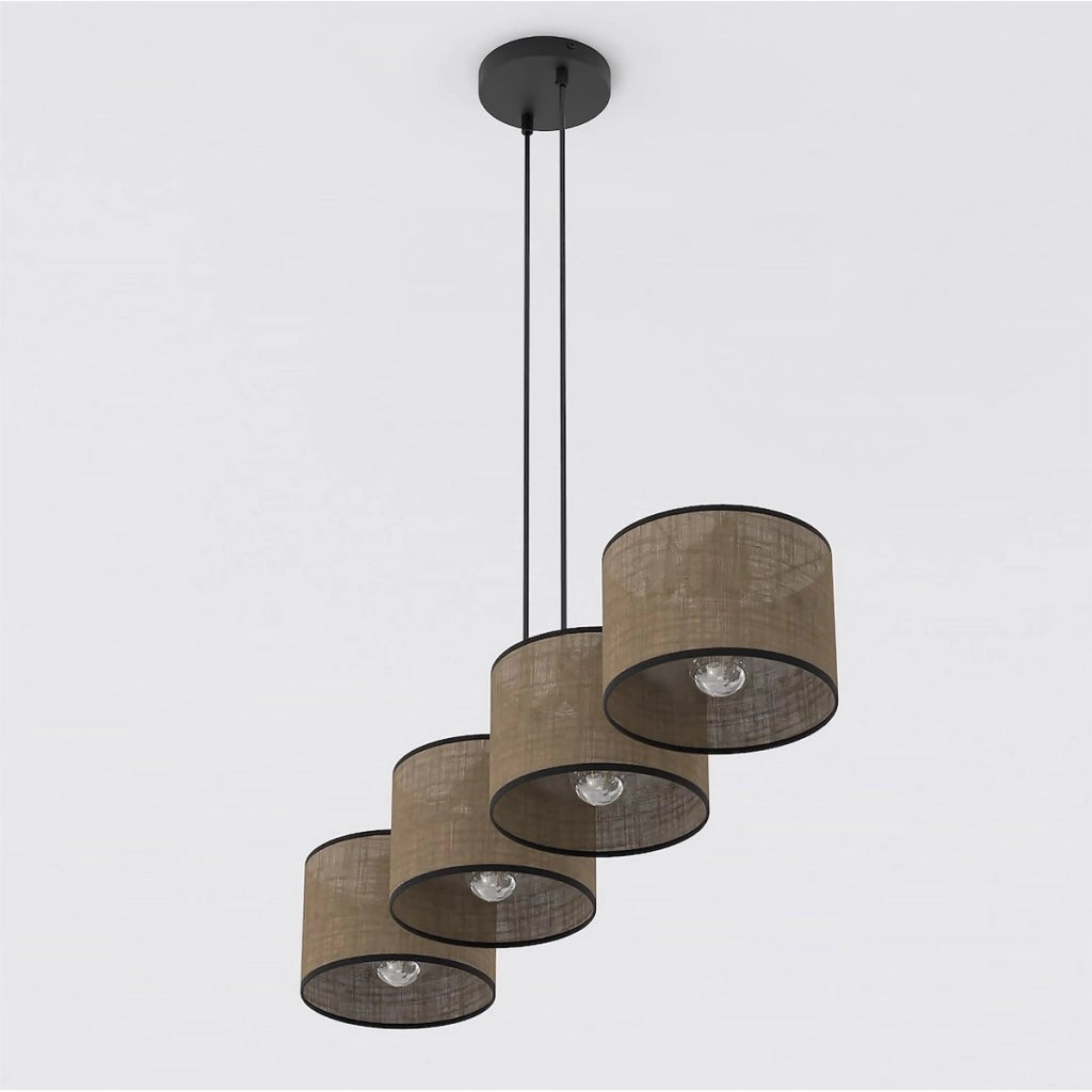 Lampada a sospensione ECO a 4 luci in acciaio nero e tessuto marrone