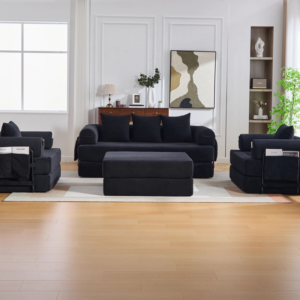 Divano modulare in corduroy nero con pouf, struttura in metallo, tasca laterale e 3 cuscini