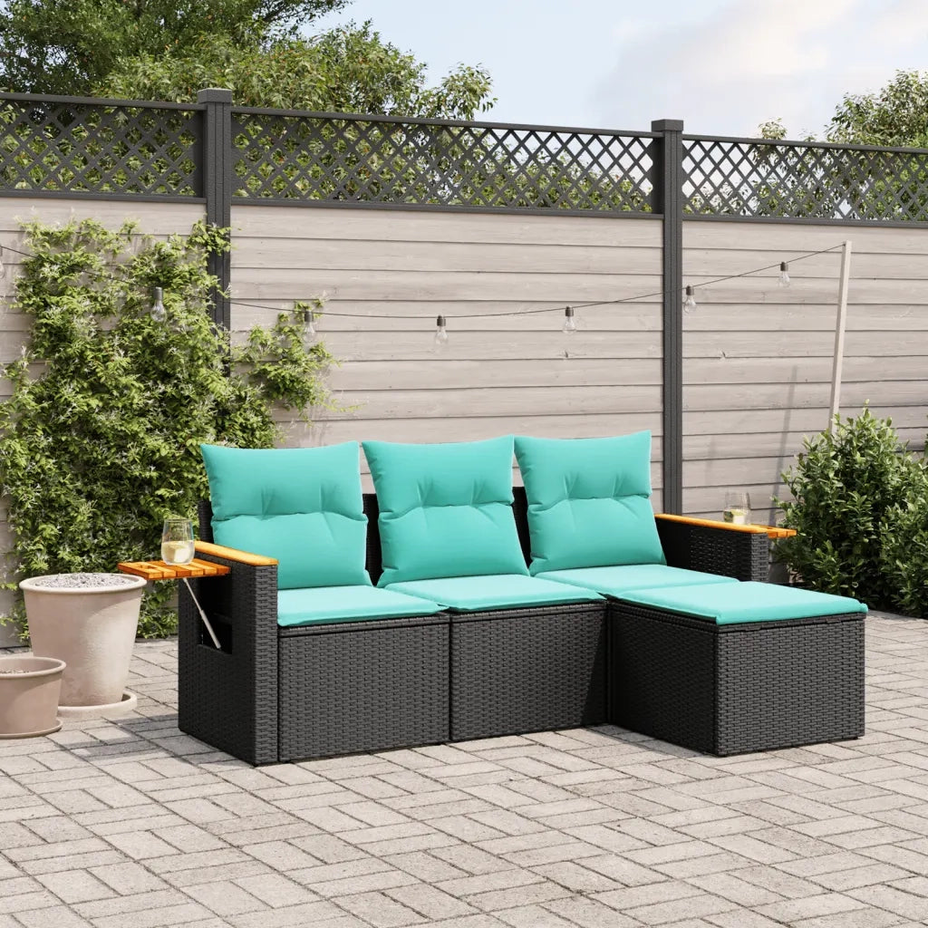 Set Divani da Giardino 4 pz | Set Salotto da Giardino con Cuscini Nero in Polyrattan