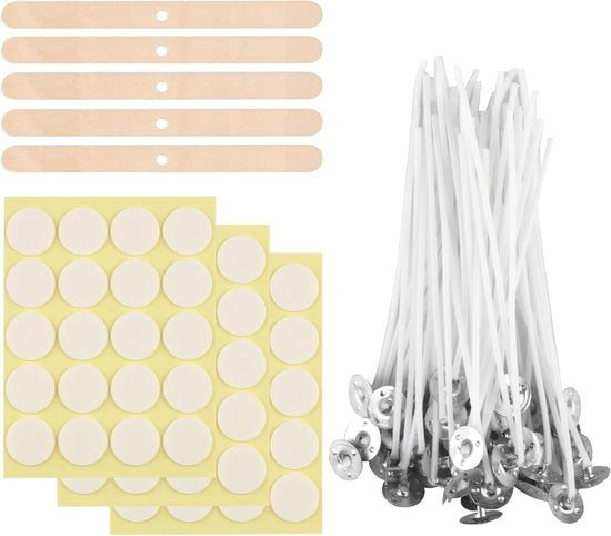 Set di stoppini per candela 100 pezzi stoppini per candela naturali 15 cm con supporto in legno e adesivi a doppia faccia per candela.