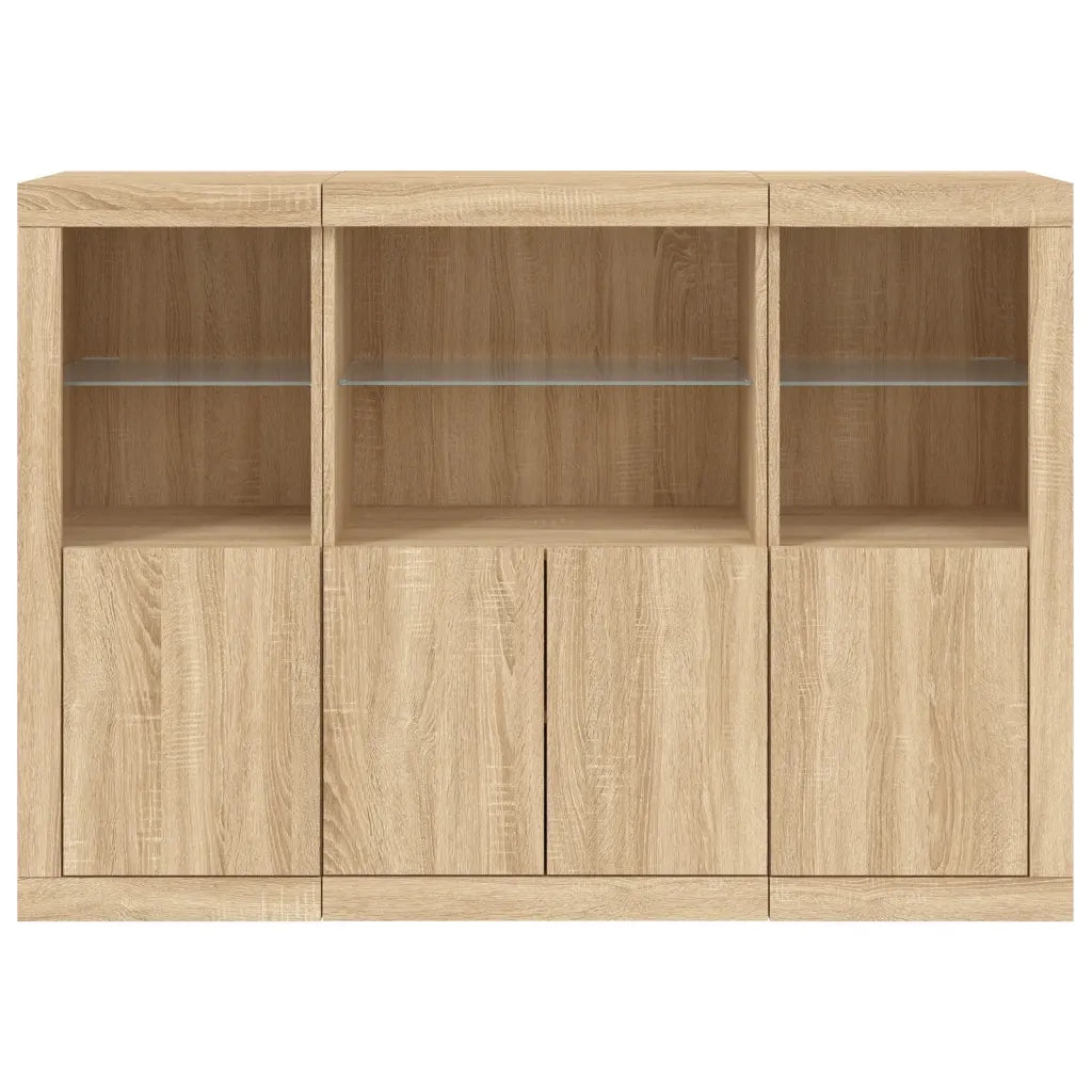 Credenze con Luci LED 3 pz | Madia | Buffet da pranzo | Armadio da pranzo Rovere Sonoma in Legno Multistrato