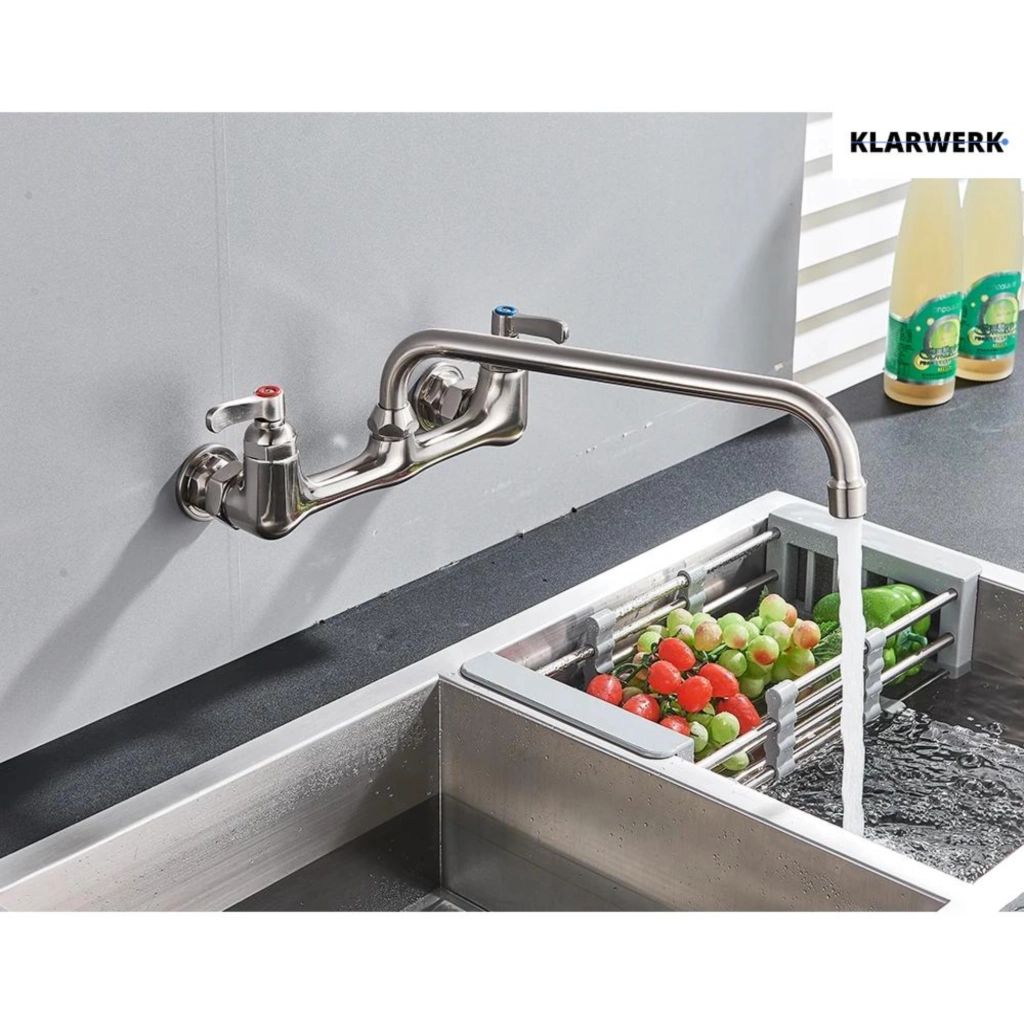 ALEX | rubinetto miscelatore catering a parete rubinetto argento|rubinetto cucina professionale acciaio inox lungo e piatto |ristorante bocca dritta
