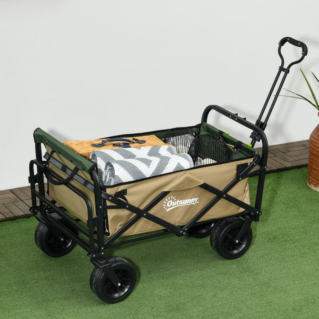 Carrello da Giardino 110L con Maniglia Telescopica e Fondo Apribile in Acciaio e Tessuto Oxford, Cachi