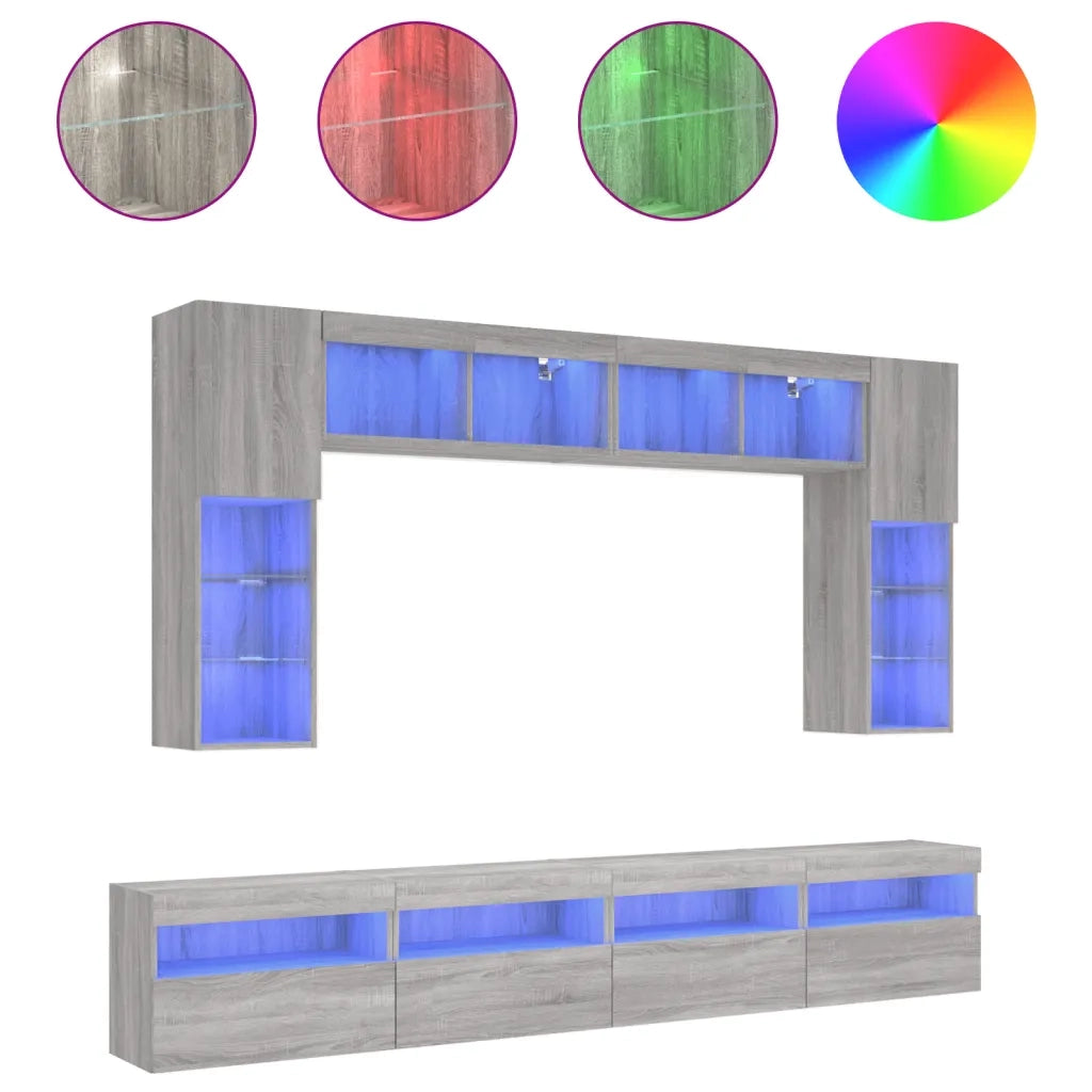 Set Mobili TV a Muro 8 pz con Luci LED Grigio Sonoma