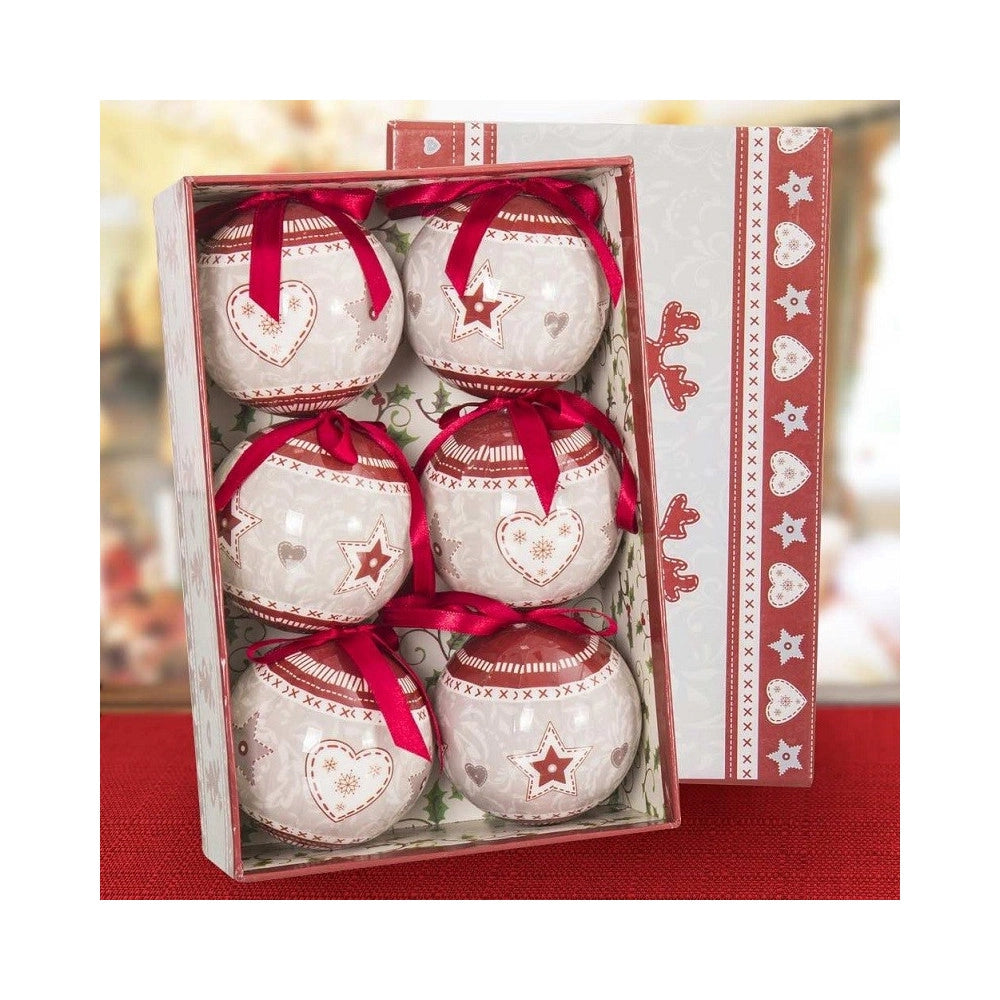 Trade Shop - Set 6 Palline Natalizie Stampa Cuore Stelle 7,5cm Con Nastro Decorazioni Natale -
