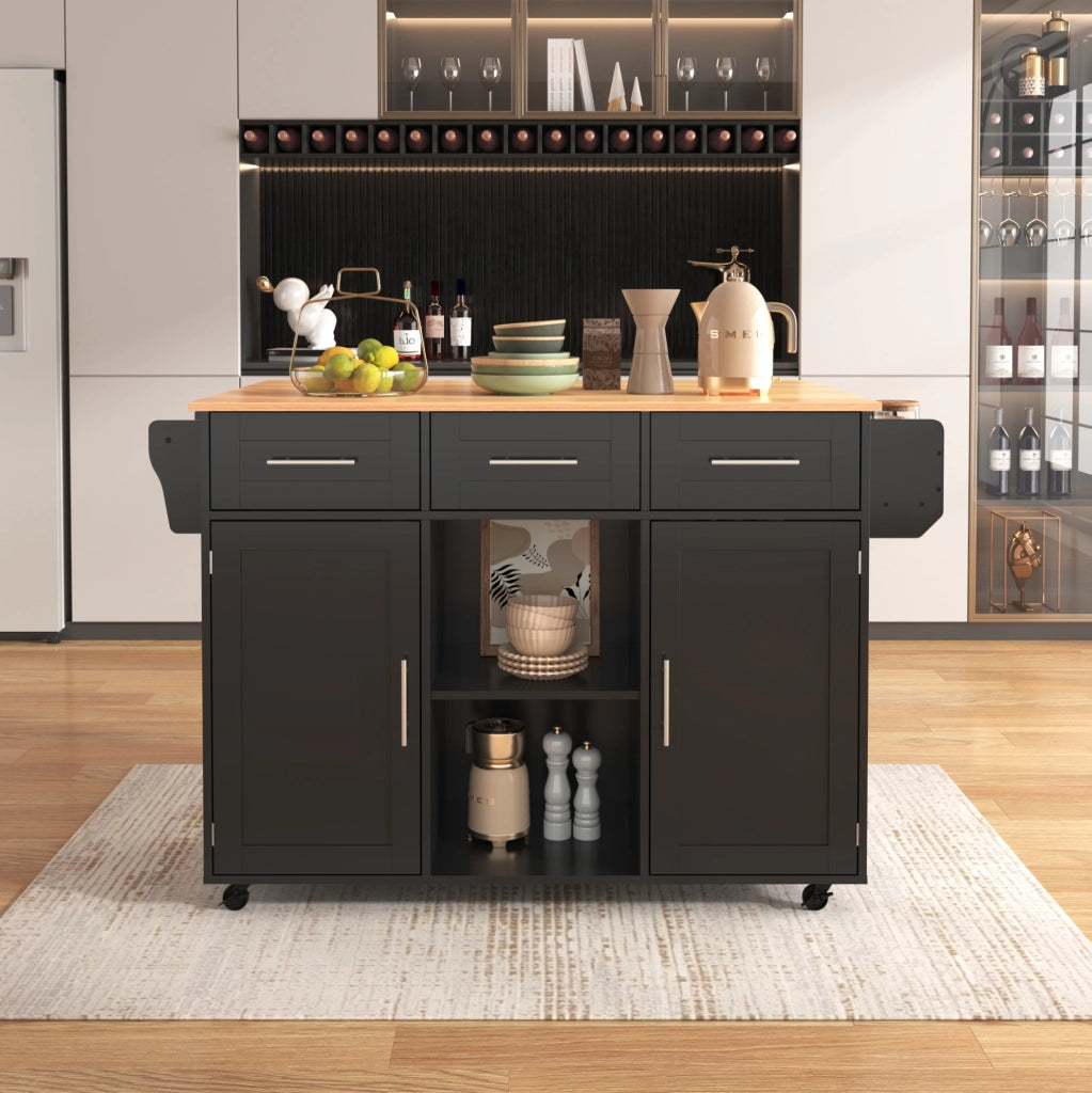 Carrello cucina con piano ribaltabile, cassetti e ruote nero