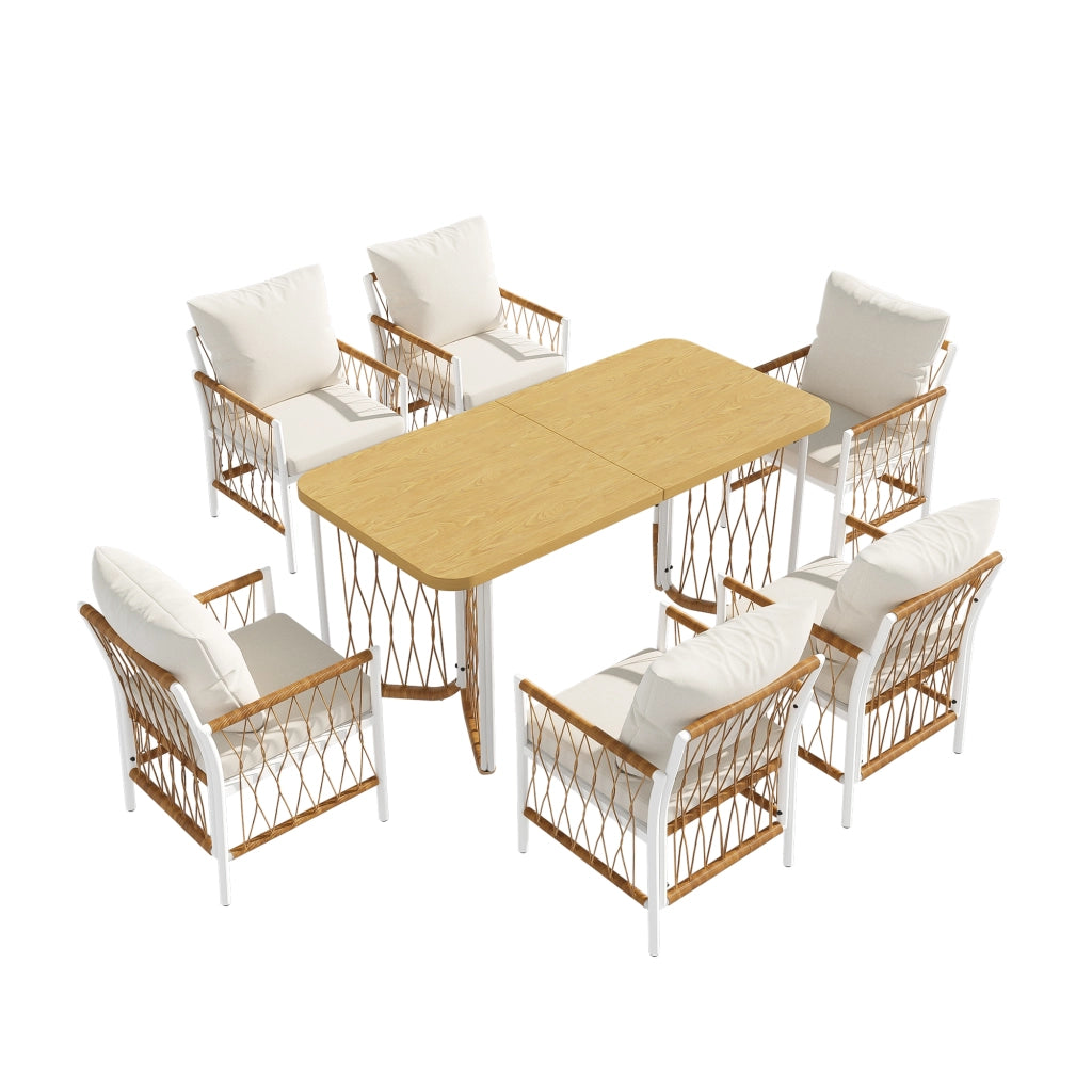 Set Tavolo e Sedie da Giardino con 1 Tavolo e 6 Sedie; Cuscini Inclusi; Ferro e Poliestere; Beige