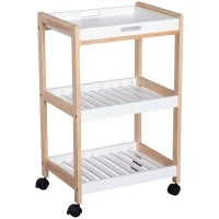 Carrello da Cucina con Ruote, 2 Ripiani e Piano Removibile, in Legno di Pino e MDF, Bianco