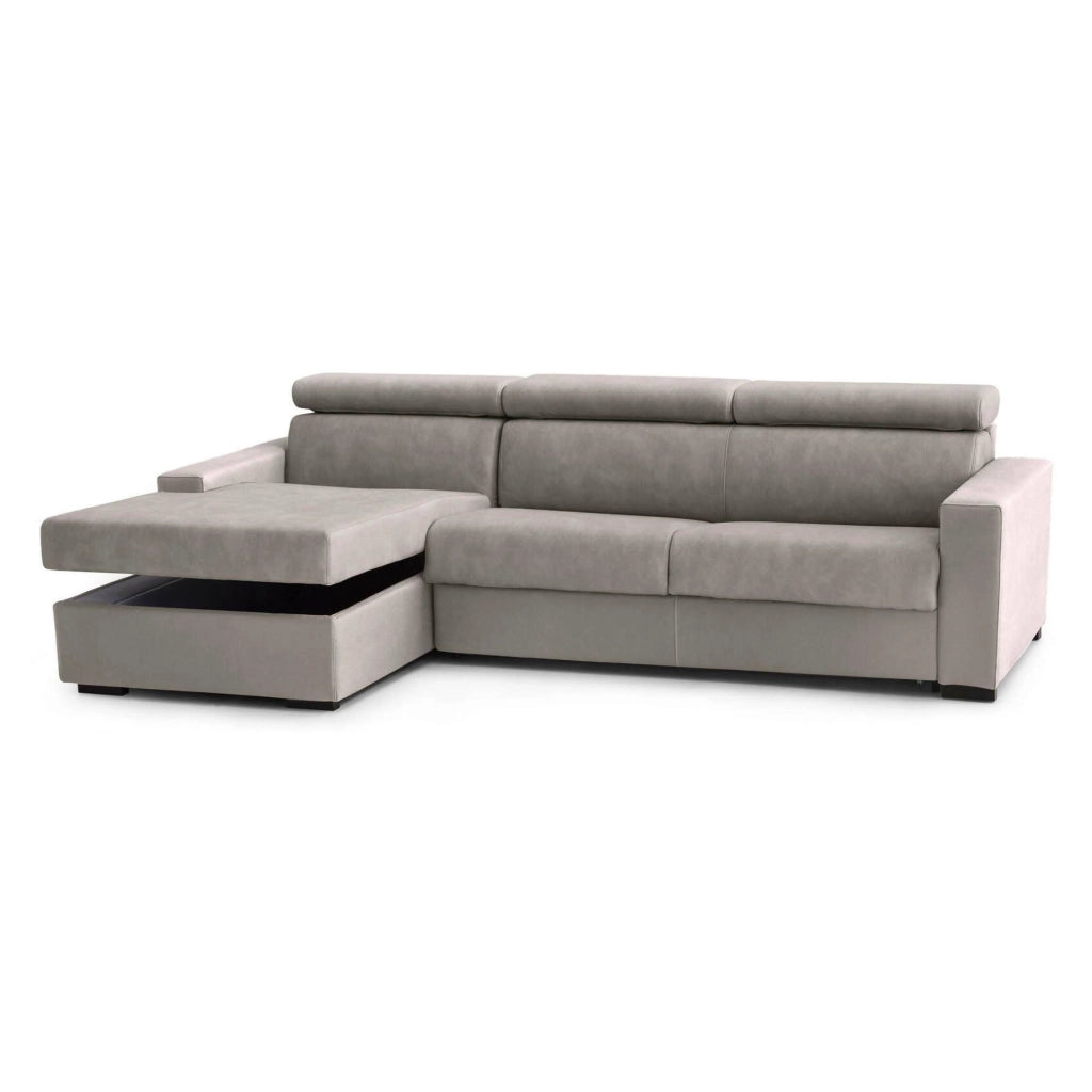 Divano Letto Alibabah, Divano ad angolo, Made in Italy, SofÒ  con apertura girevole, con Penisola contenitore Sinistra, con Braccioli standard, cm 280x95h85, Tortora