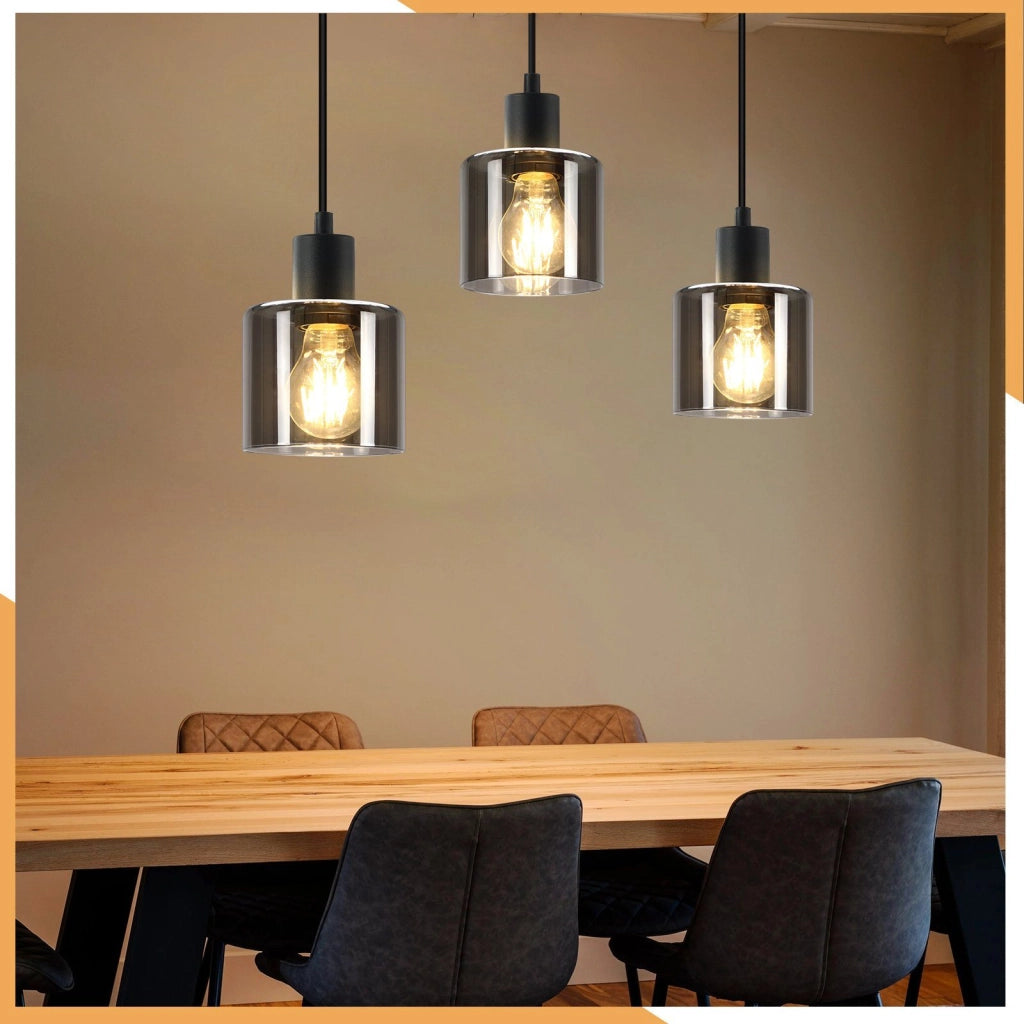 Lampada a Sospensione ZMH 3 luci vetro nero E27 vintage industriale retr¨° per soggiorno e sala da pranzo