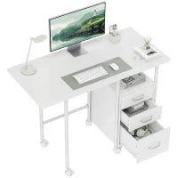 Scrivania per computer pieghevole su ruote, scrivania con ripiani, 3 cassetti, piano estensibile, 105x51x75,5cm, bianco