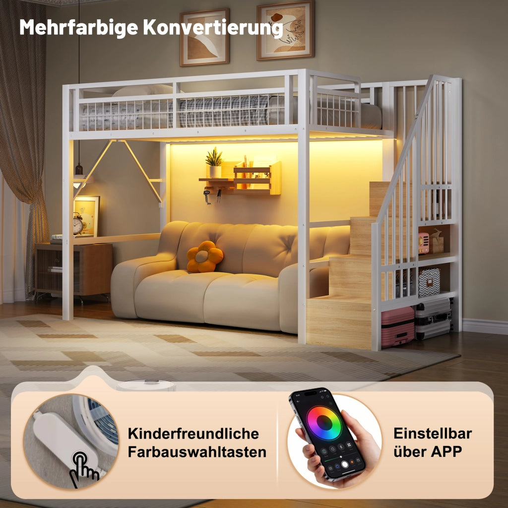 DESMIU Letto a soppalco 1 posto con LED regolabile e scala contenitore, 90 × 200 cm, senza materasso, bianco
