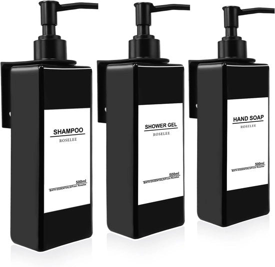 Set di rilascio sapone 500ml Nero - Montaggio senza perforare - Dispensatore di sapone in plastica con imbuto e etichette impermeabili all'acqua per cucina e bagno