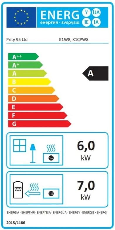 Stufa a legna con caldaia integrata Pruty K1 W8. Potenza di riscaldamento 8 + 4Kw