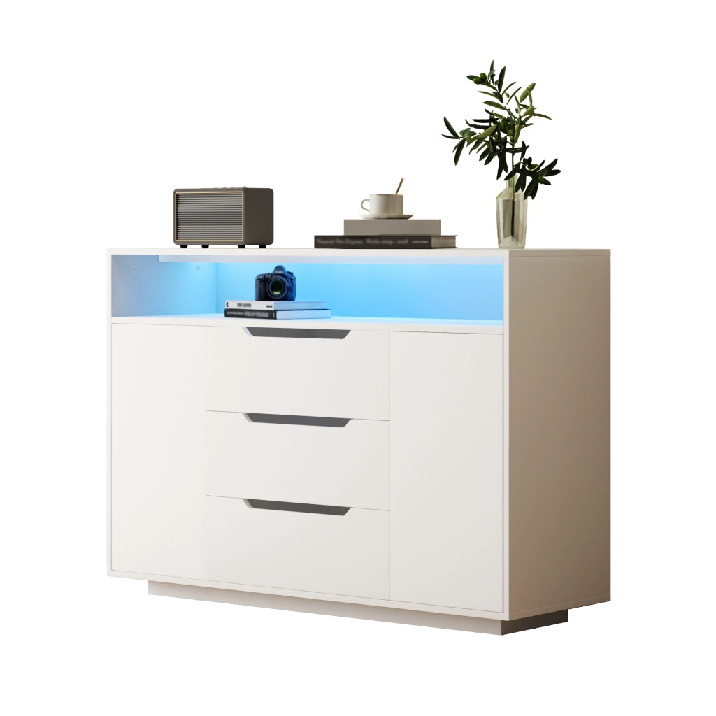 Madia con 3 cassetti; ripiano aperto e LED - per soggiorno - 120×40×85 cm - bianco