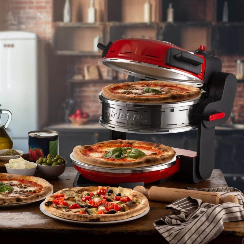 Forno pizza doppio 2300W, 2 pietre refrattarie, 5 livelli di cottura, 2 pale inox - Rosso