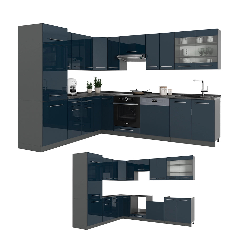 Cucina angolare completa Fame-Line Blu scuro lucido/Antracite 287 x 60 cm, PL Rovere Vicco