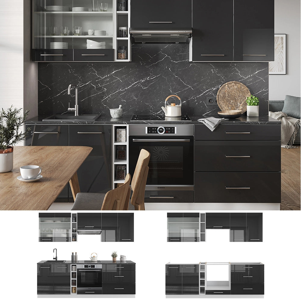 Cucina componibile Fame-Line Antracite lucido/Bianco 235 cm, PL Marmo Vicco
