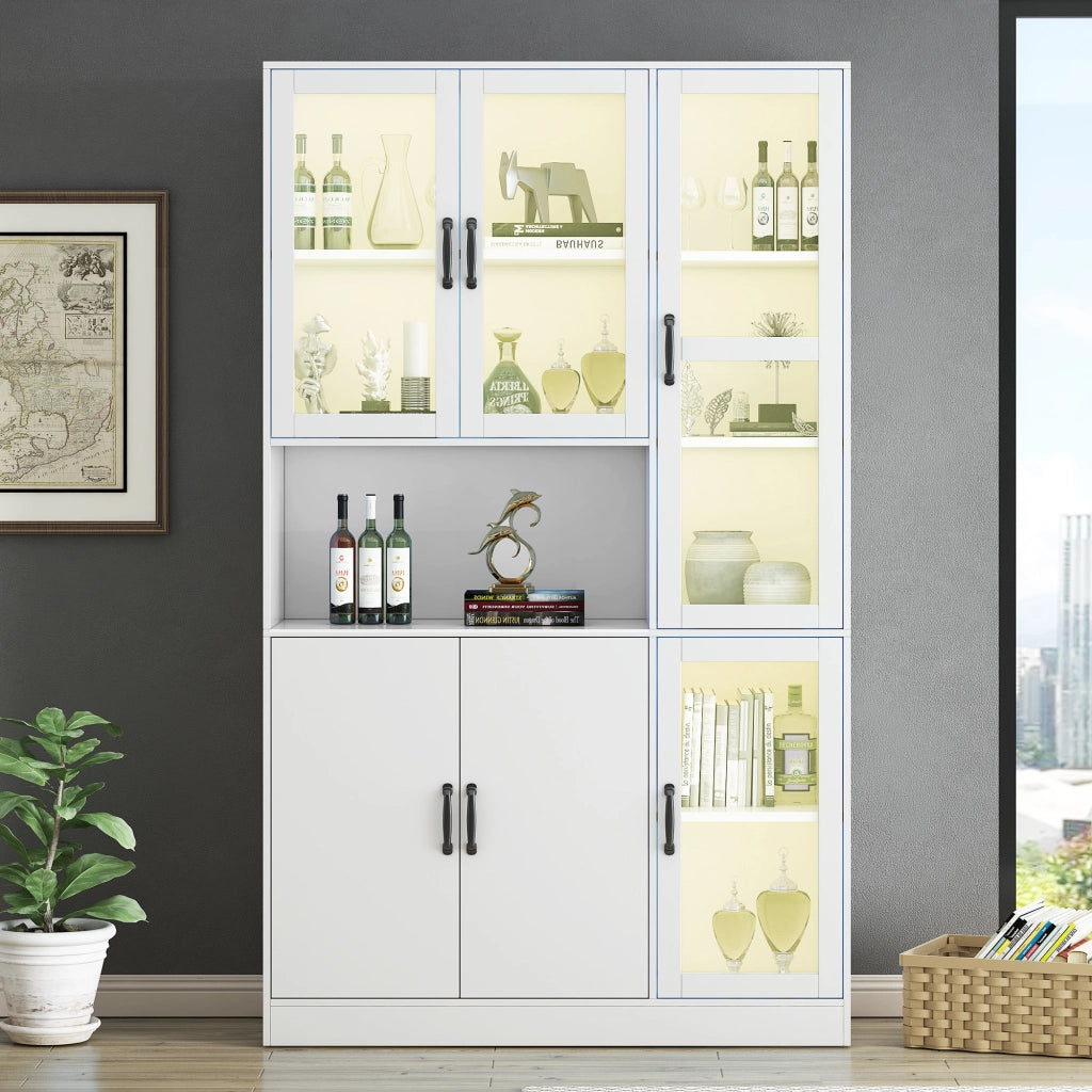 Libreria vetrina bianca con LED, ante in vetro HD, 9 vani, 120x40x200 cm, mobile contenitore multiuso
