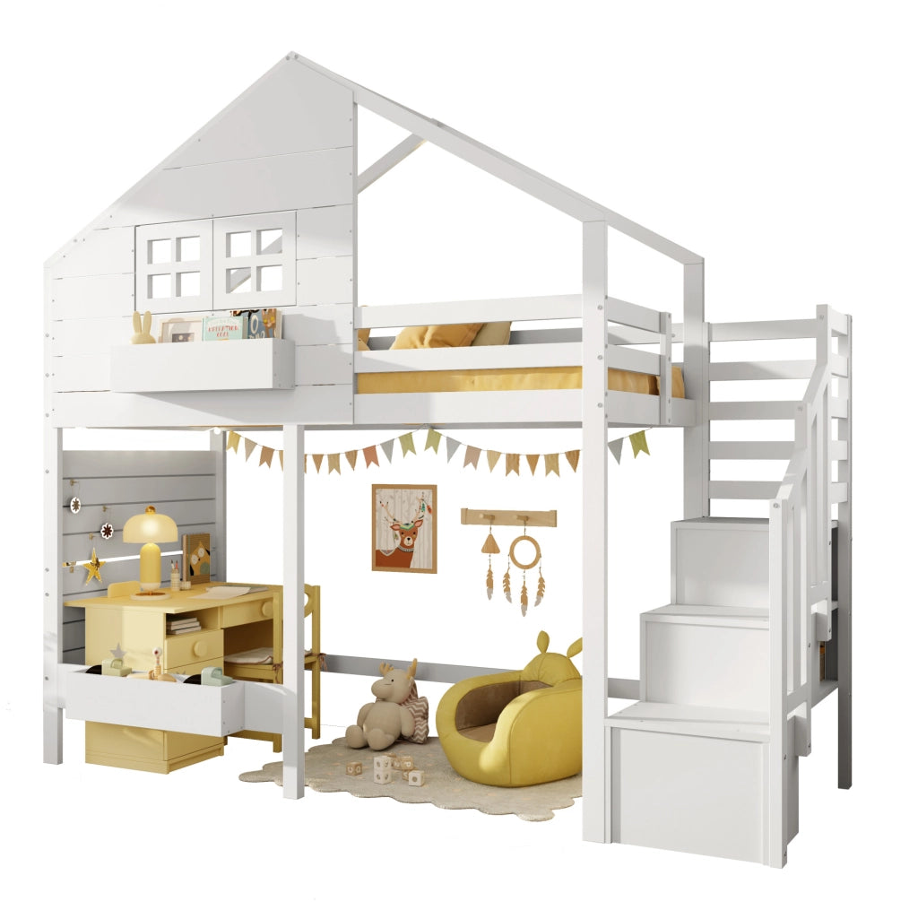 Letto a castello con scala contenitore e finestra; pino e MDF; per materasso 90x200 cm; bianco