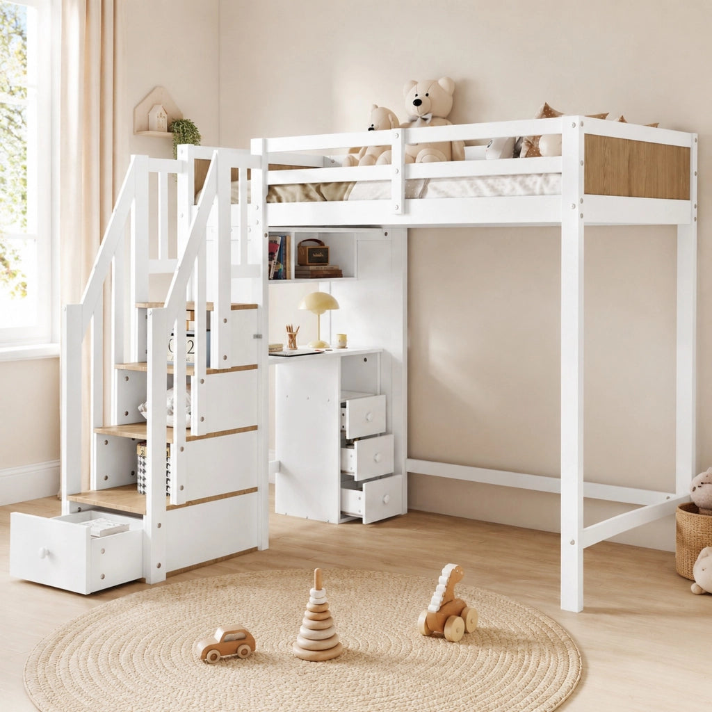 Letto a castello multifunzione con scrivania, scala contenitore e 3 cassetti
