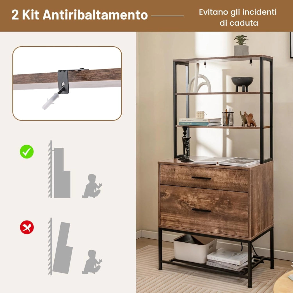 Scaffale Porta Stampante, Suppoto per Stampante in Legno con 4 Ripiani e 2 Cassetti, per Soggiorno, Ufficio e Studio, 75 x 40 x 156 cm (Marrone rustico)