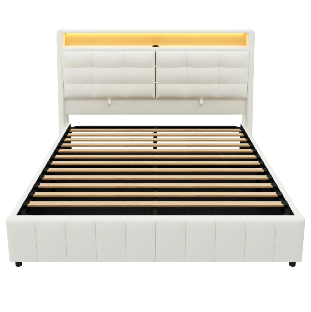 LETTO piattaforma 160x200 cm bianco con LED, USB, contenitore e schienale regolabile