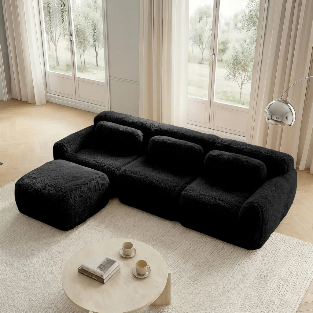 OKWISH Divano Angolare Modulare, Design senza Struttura con Seduta Profonda, Pouf Collegabile e Cuscini, Peluche, Nero