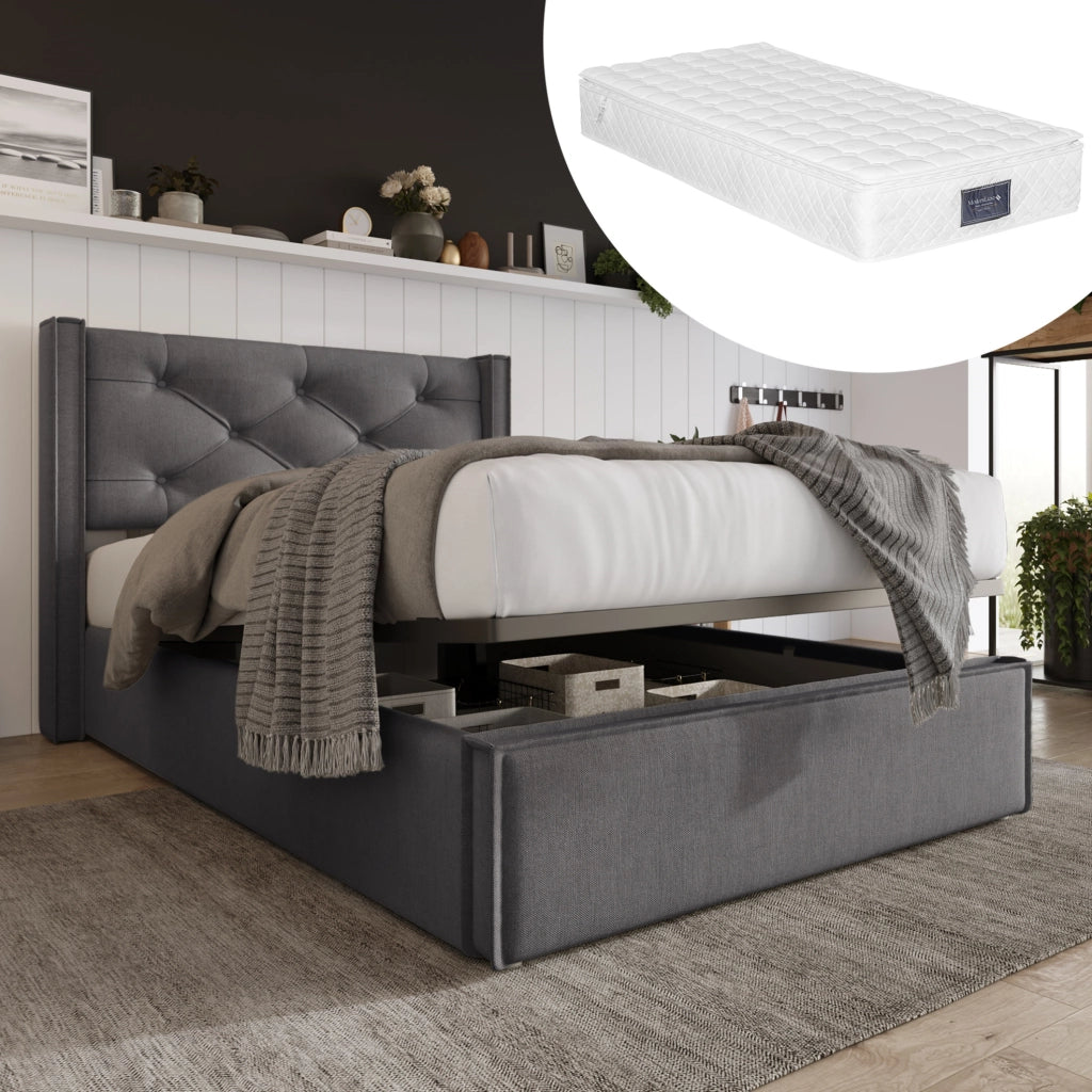 Letto imbottito contenitore 90x200 cm con rete sollevabile; cotone grigio