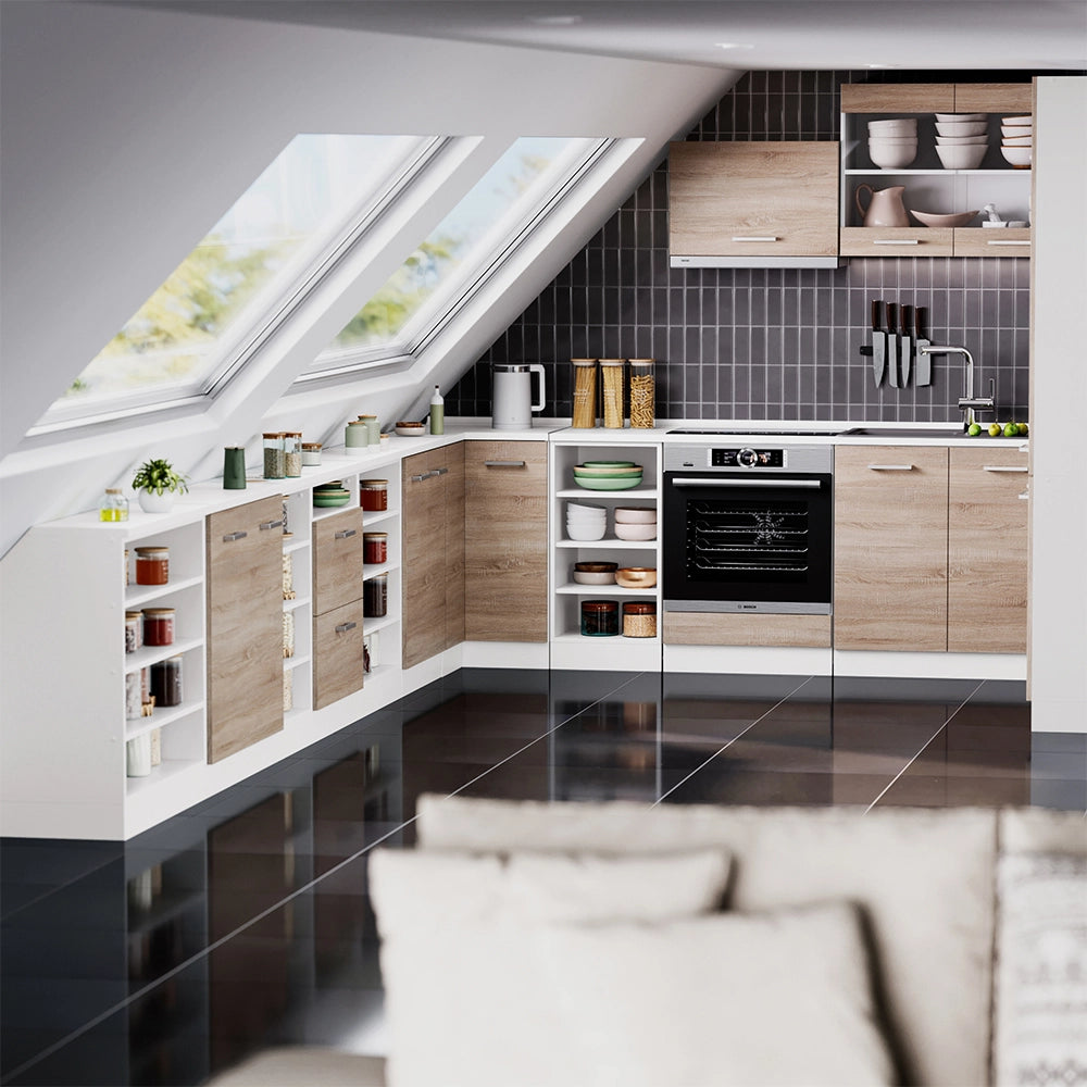 Mobile cucina sottotetto R-Line Sonoma/Bianco 60 cm con 2 porte, carcassa 60 cm profondità Vicco