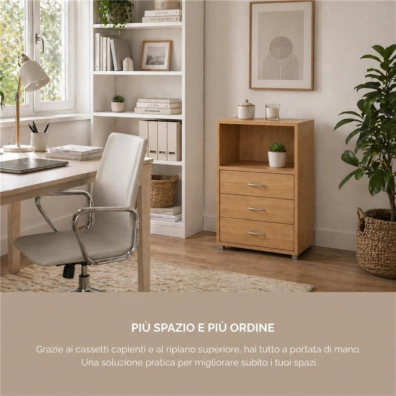 CASSETTIERA IN LEGNO CON TRE CASSETTI E RIPIANO COLORE ROVERE DIMENSIONI 60X40X101 CM