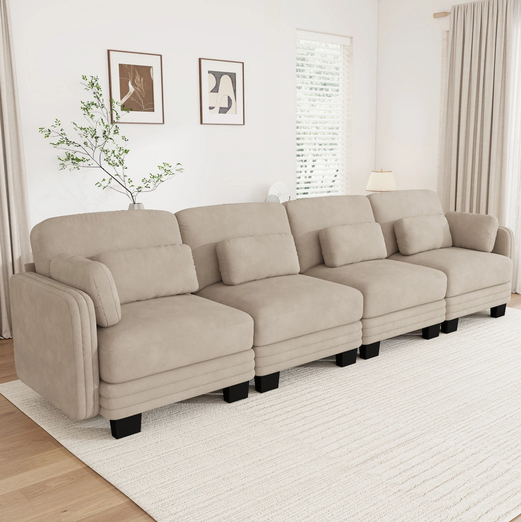 Divano modulare lineare 4 posti 330 cm in ciniglia color caffè chiaro con cuscini mobili