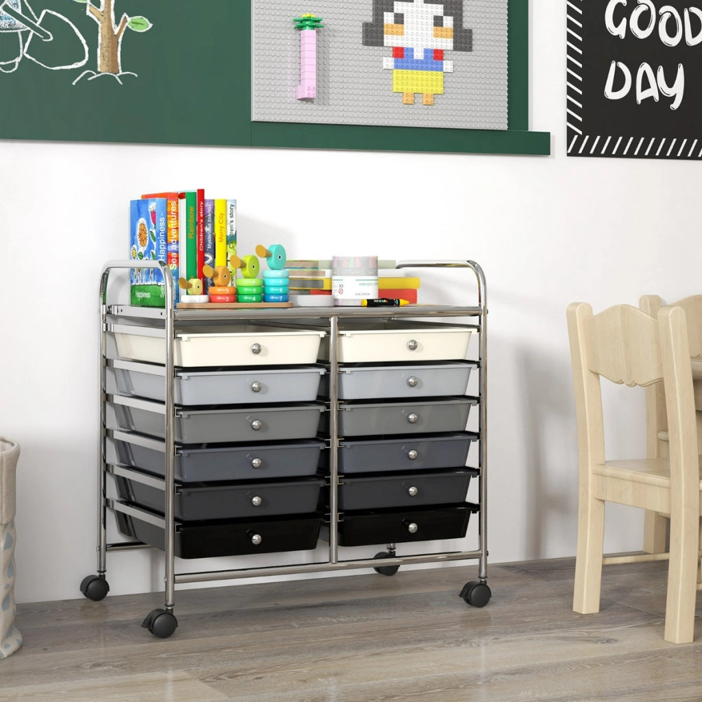 Carrello portaoggetti con 12 cassetti e ampio piano di lavoro, Cassettiera con 4 ruote per soggiorno e cucina Grigio Sfumato-Carrelli