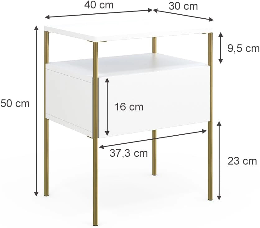 Comodino camera da letto Mira, Bianco/Oro, Set di 2, utilizzabile per riporre oggetti quotidiani e come tavolino d'appoggio