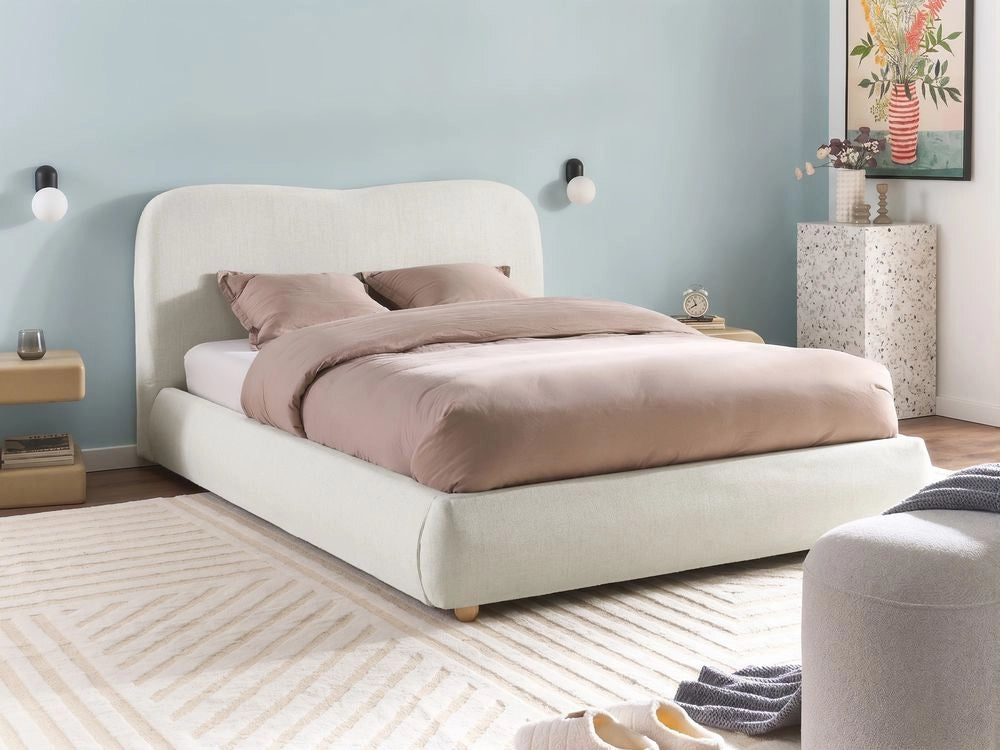 Letto con contenitore in poliestere bianco sporco, 140 x 200 cm, design minimalista e moderno