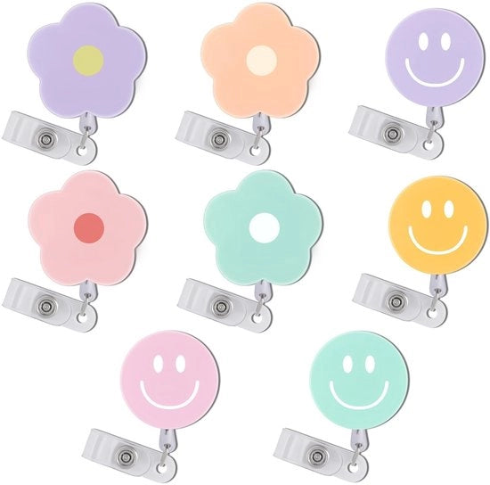 Badgehouder con corda di trazione - 8 fiori/sorrisi - ID badgehouder - Leggero - Materiale acrilico duraturo - Ideale per la sanità - Badgehaspel