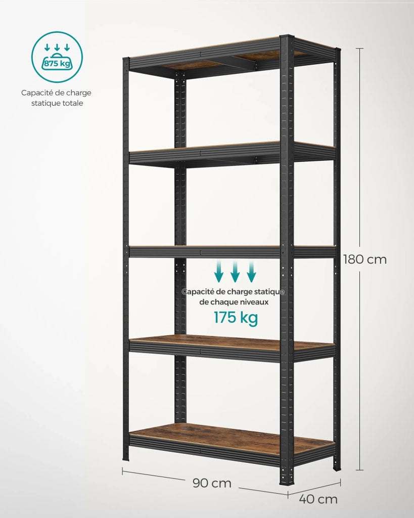 Scaffalatura metallica per carichi pesanti 180 x 90 x 40 cm 5 ripiani portata totale 875 kg (175 kg/ripiano) ripiani regolabili per garage/cantina nero 12_0...