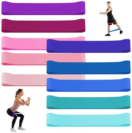 Set di fitness per resistenza con 10 bande - Banda di resistenza - Allenamento di forza - Banda di allenamento per la ginnastica - Yoga/Pilates - 5 diverse resistenze - Banda di resistenza