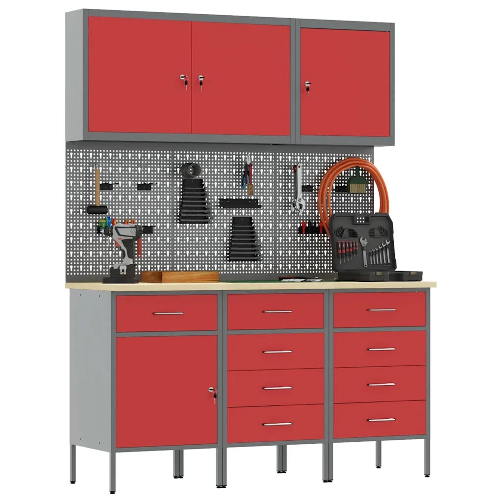 Mobile da lavoro 8 pcs Rosso Legno ingegnerizzato e acciaio 3321447