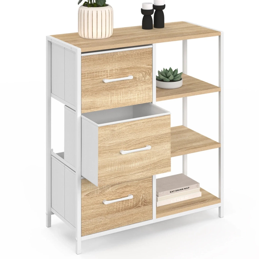 IDMarket - UTAH Credenza a 3 cassetti con ripiani, 70 cm, design industriale in legno e bianco
