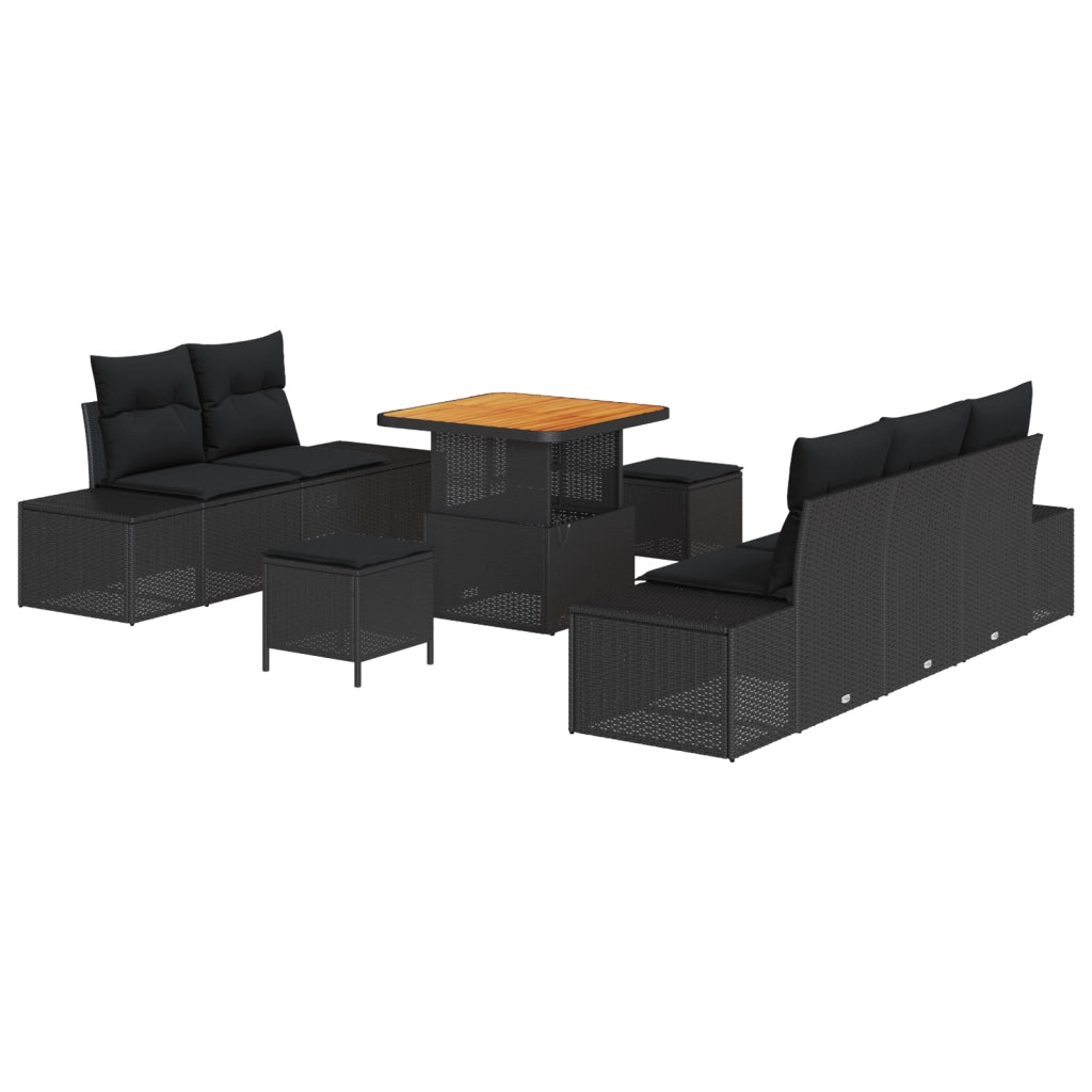 Set di 8 pezzi Divano da Giardino con Cuscini Rattan Nero Poly Acacia